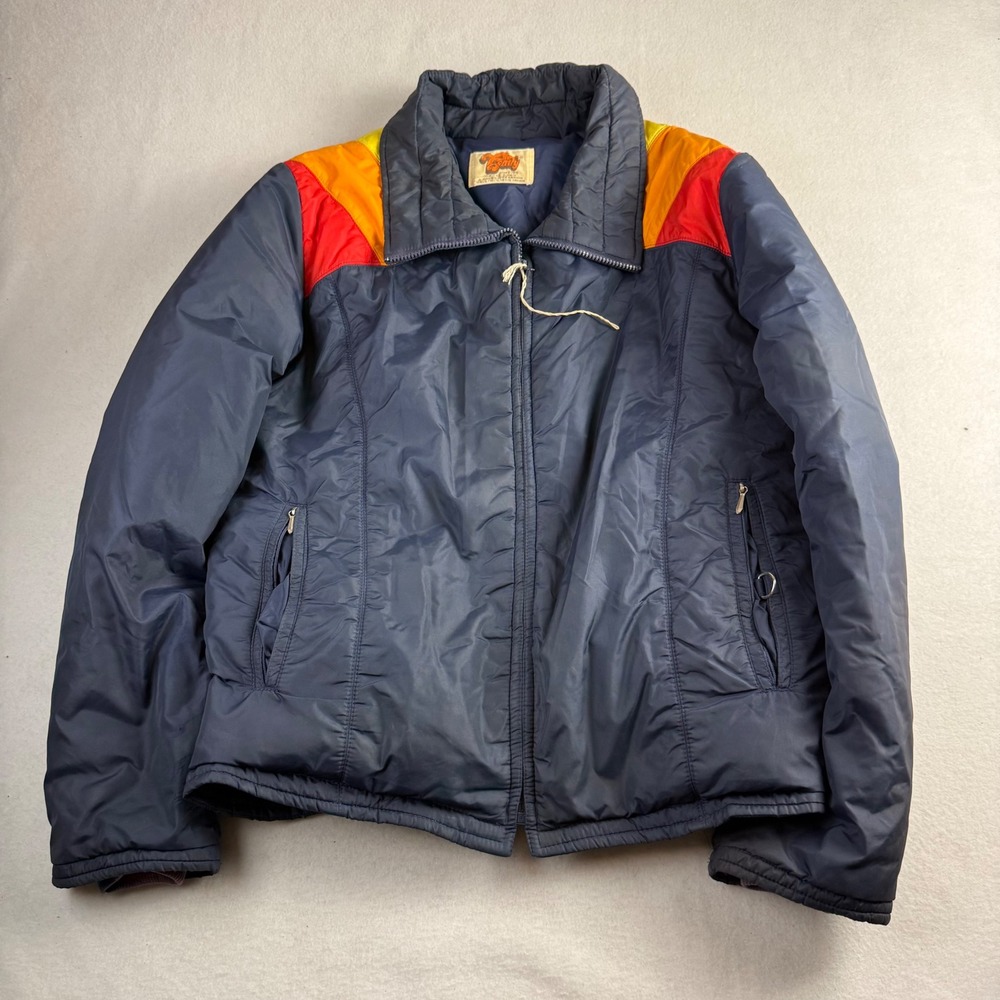 Vintage Comfy Goose Down Puffer‎ Jacket Navy Blue Retro Chevron Distressed XL